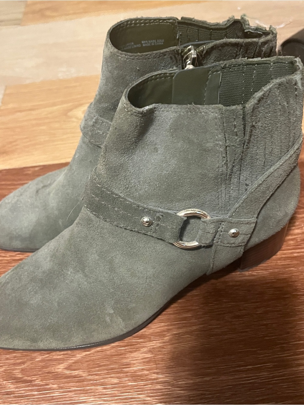 Essex Lane Olive Suede Ankle Booties with Silver Ring Accent